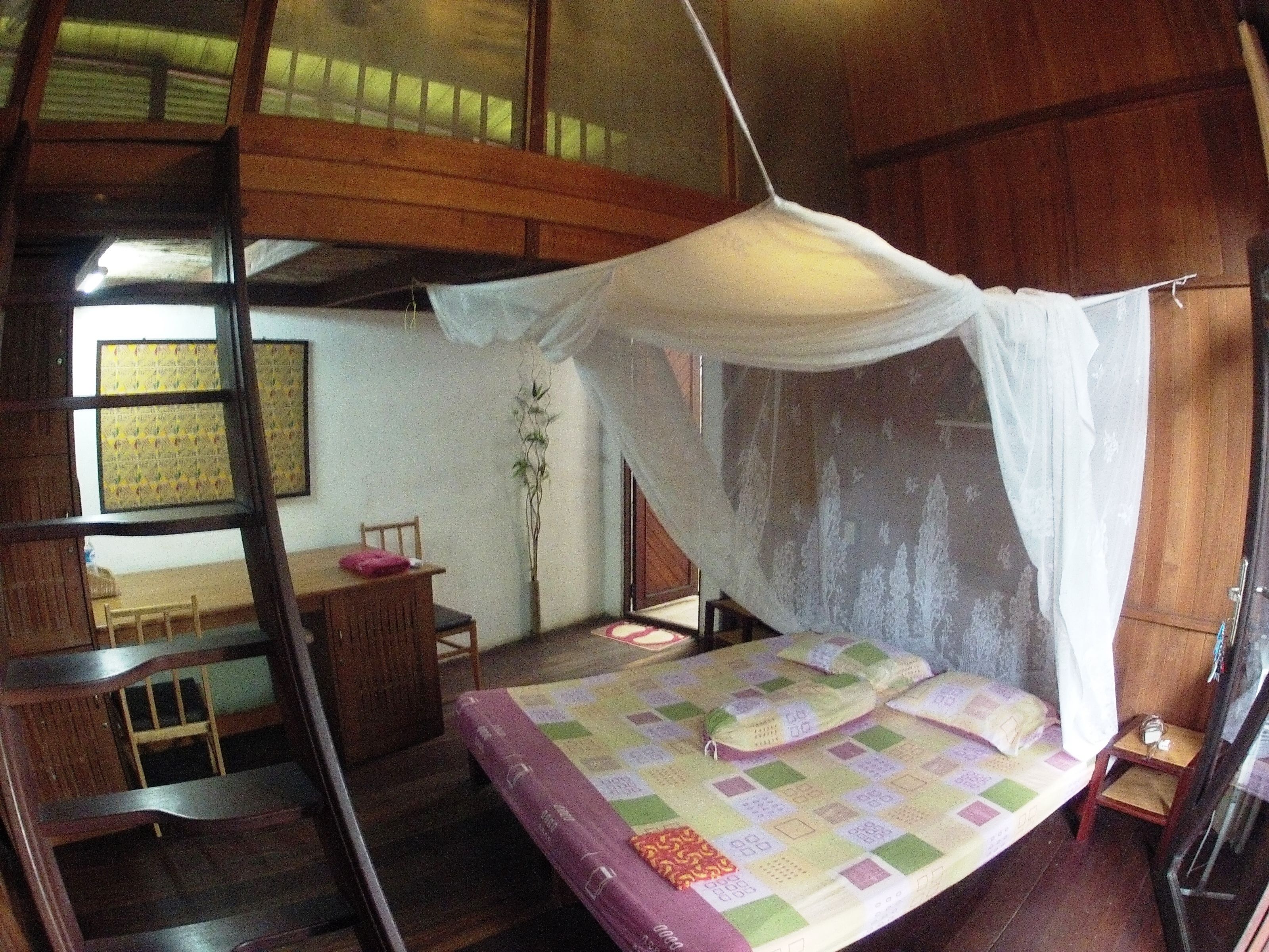 A bedroom with a bed under a canopy, a wooden desk, a chair, and a ladder.