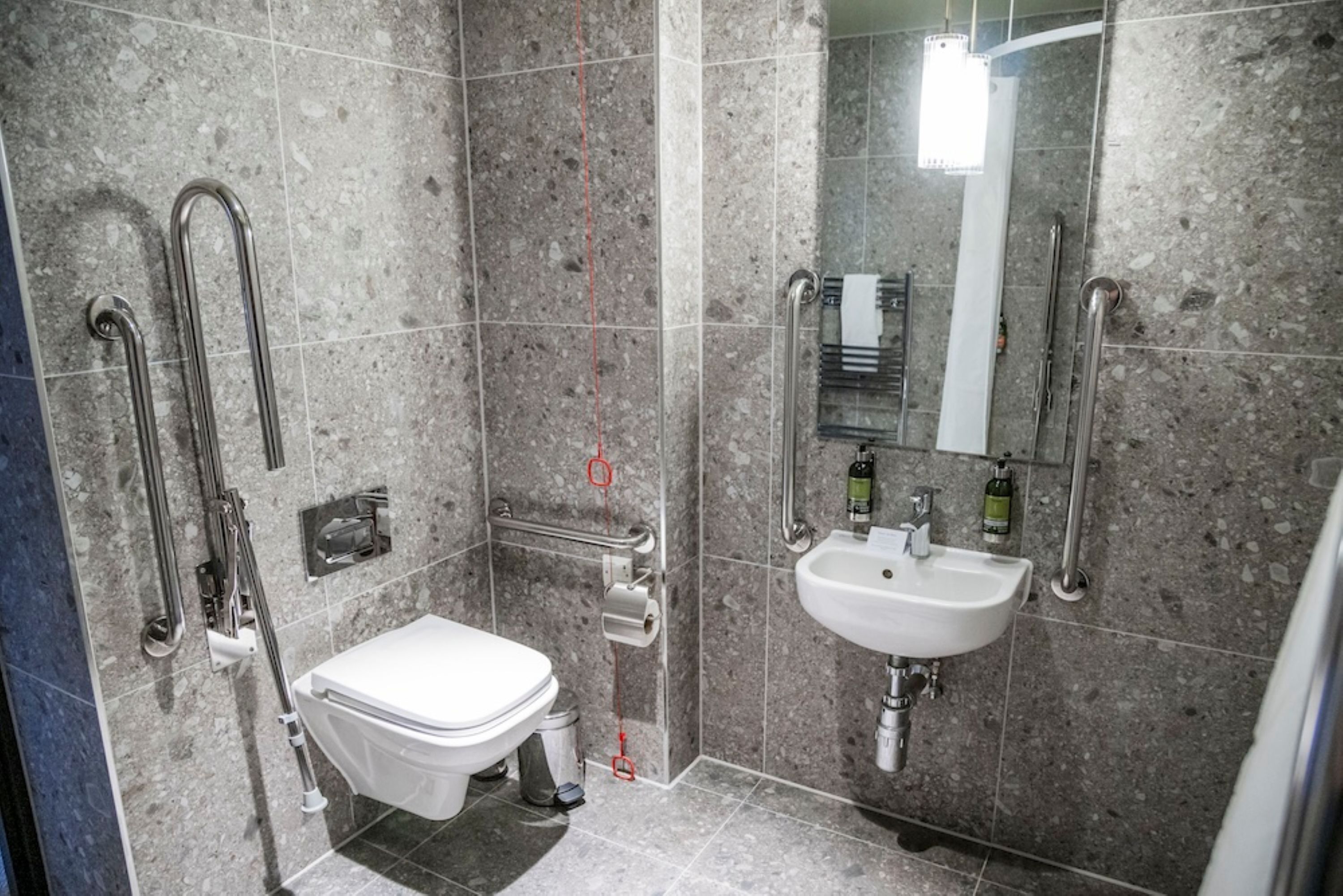 Une salle de bain équipée de toilettes, d’un bidet, d’un lavabo et de barres d’appui.