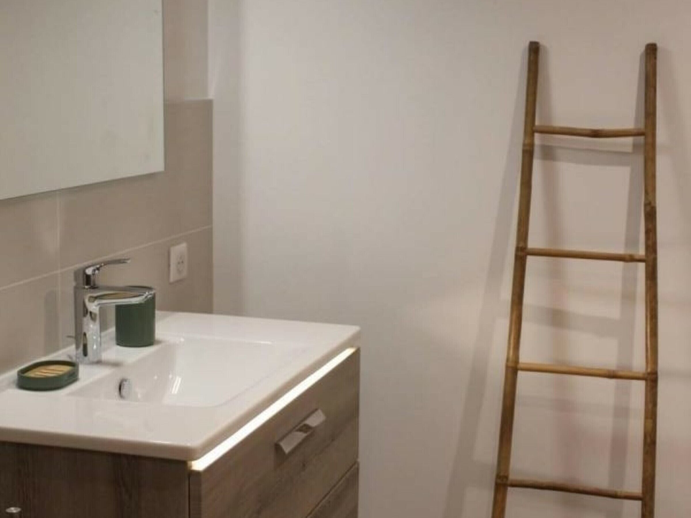 A bathroom with a white sink, a mirror, and a wooden ladder leaning against the wall.
