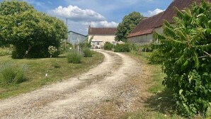 Un chemin de campagne menant à une maison avec un toit rouge, entourée de verdure et d’arbres.