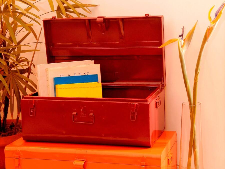 Una maleta roja con una carpeta amarilla en su interior, sobre otra maleta naranja, junto a una planta en maceta y un florero con flores.
