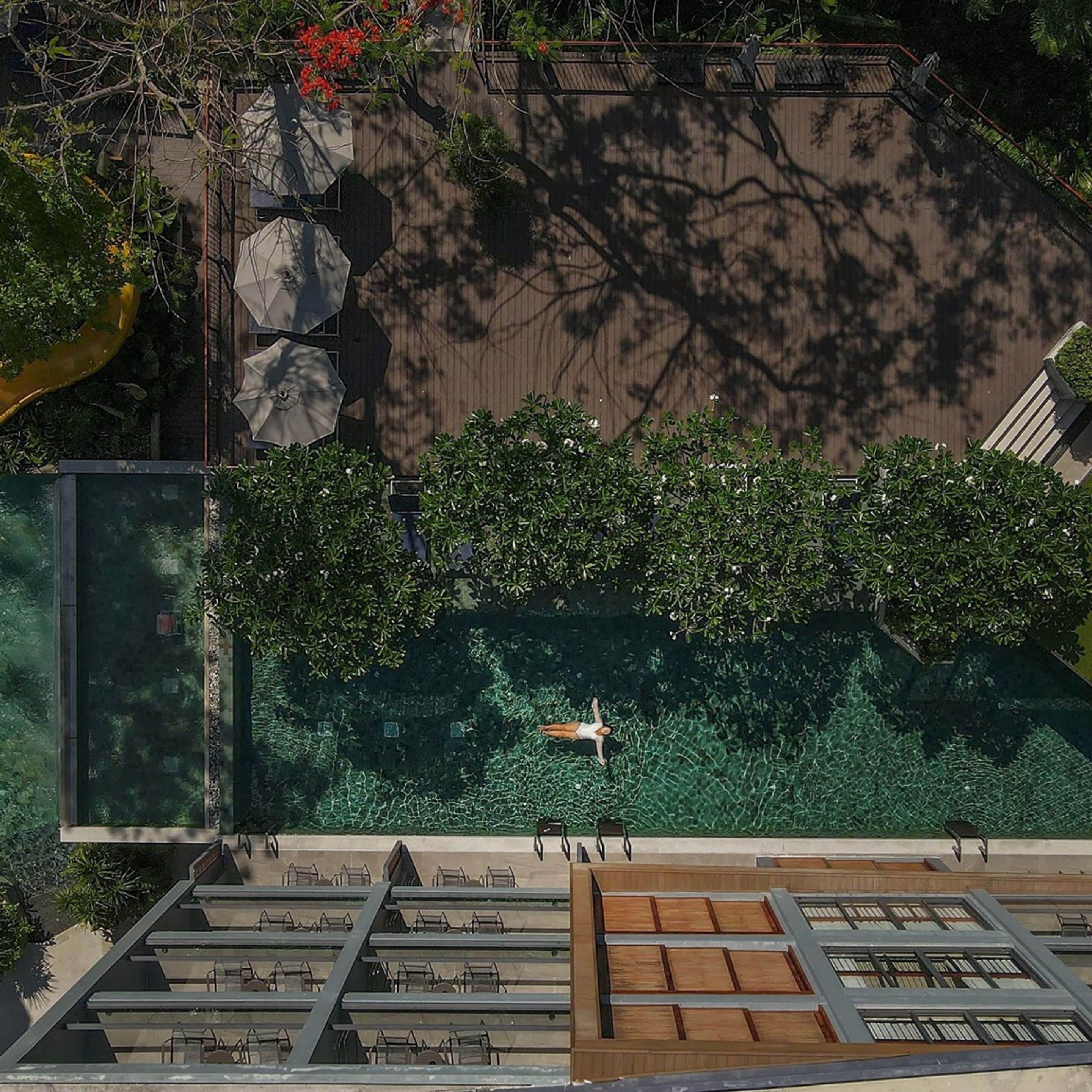 Un jardín en la azotea con piscina, zonas de estar y vistas a la ciudad.