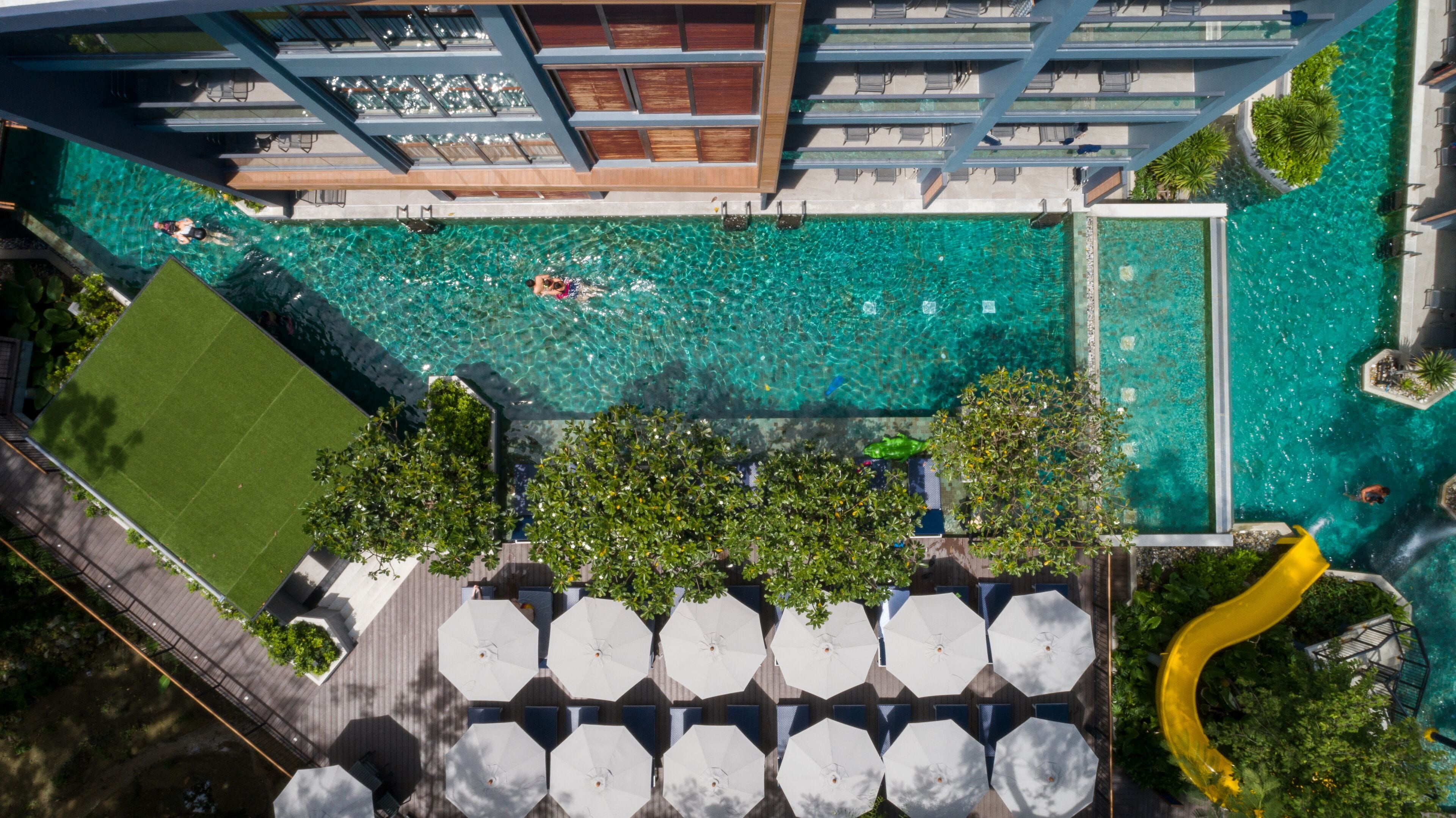 Vista aérea de una piscina en la azotea con agua cristalina, rodeada de vegetación y sombrillas.