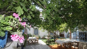 An outdoor patio area with a table and chairs, surrounded by greenery and a fountain. - Nano Hotel (Cesme)