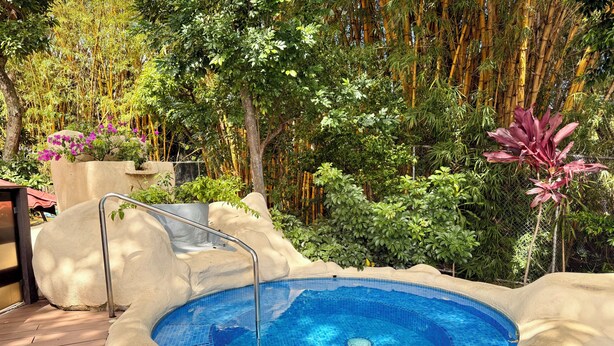 Un jacuzzi rodeado por una terraza de madera y abundante vegetación.