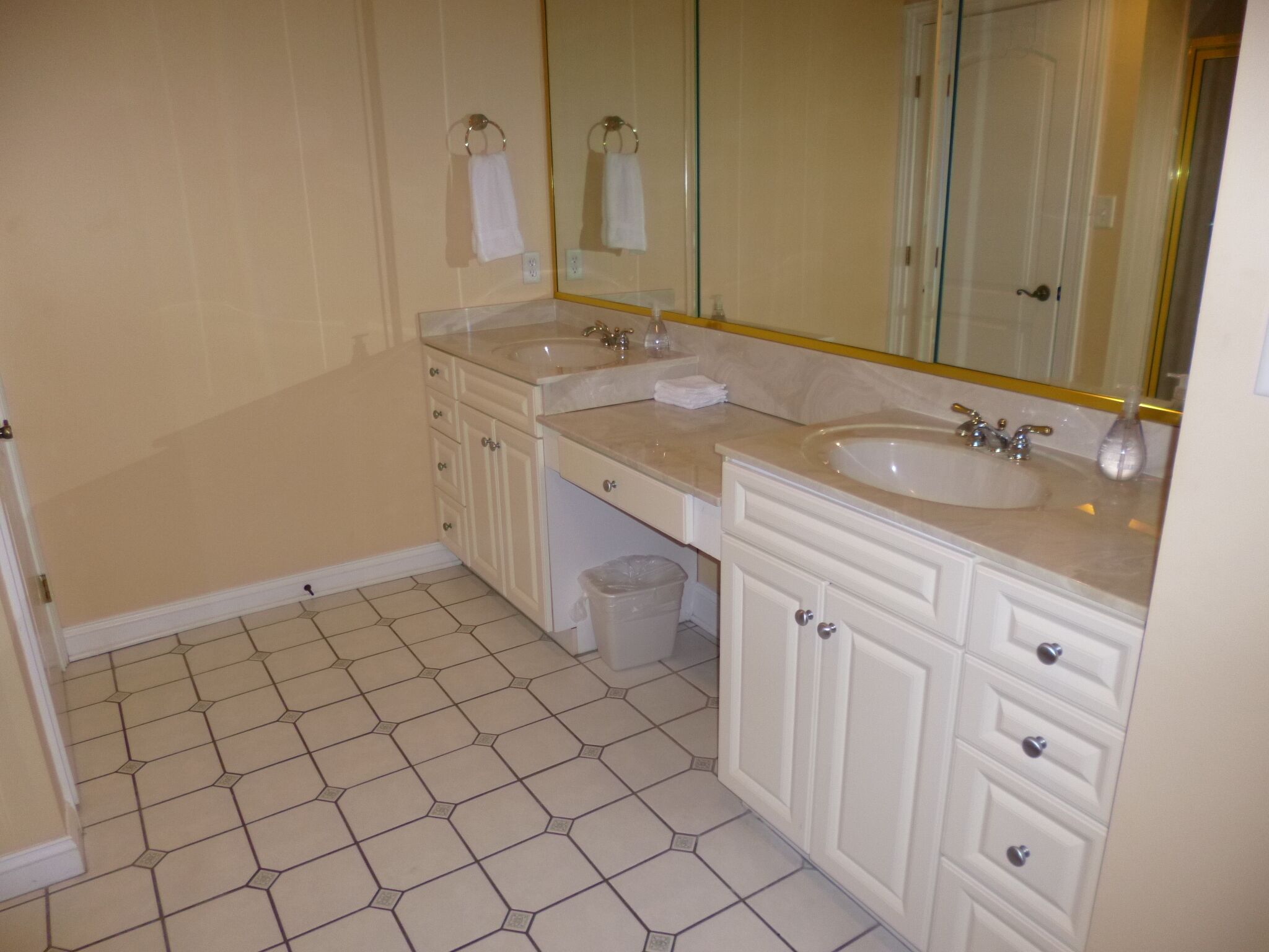 A bathroom with two sinks, a mirror, and a trash bin.