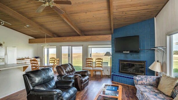 A living room with a fireplace, leather sofas, a television, and a dining area with chairs.