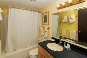 Shower, hair dryer, towels, shampoo