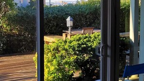 A view through a glass door with a wooden deck, a bench, and a hedge.