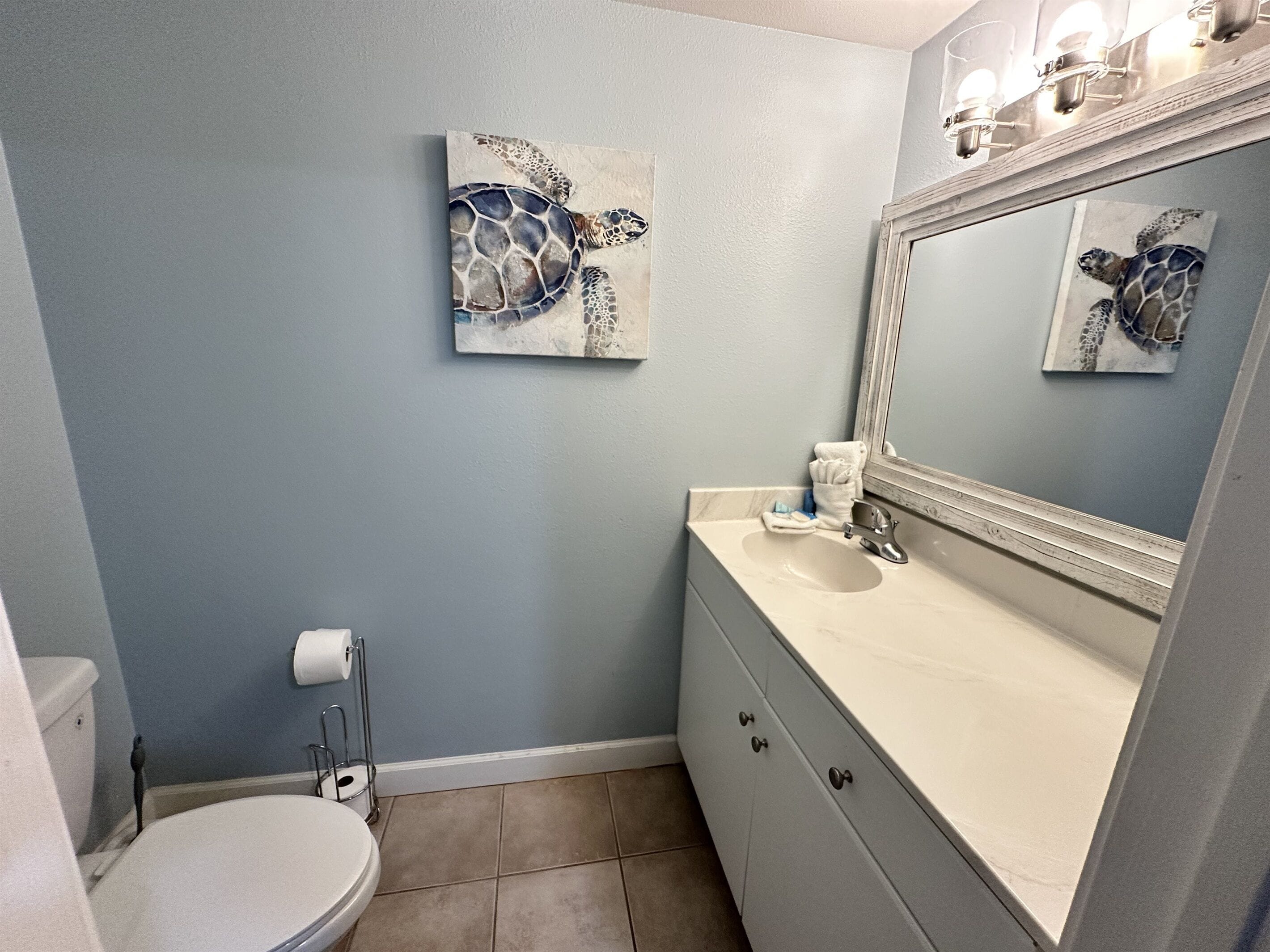 A bathroom with a toilet, sink, and mirror. There are two wall-mounted paintings of sea turtles.