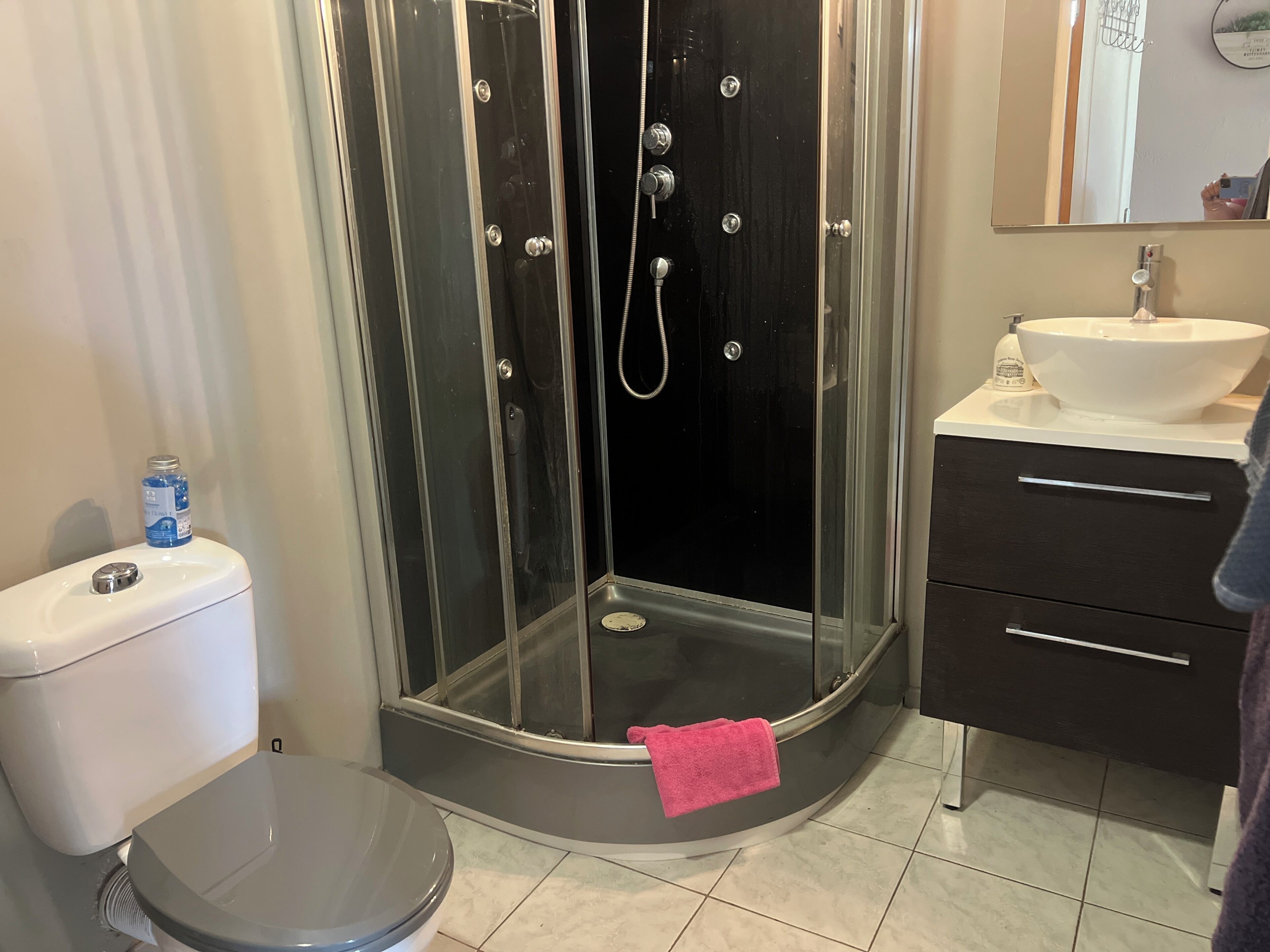 A bathroom with a glass-enclosed shower, a white sink, a toilet, and a dark-colored cabinet.