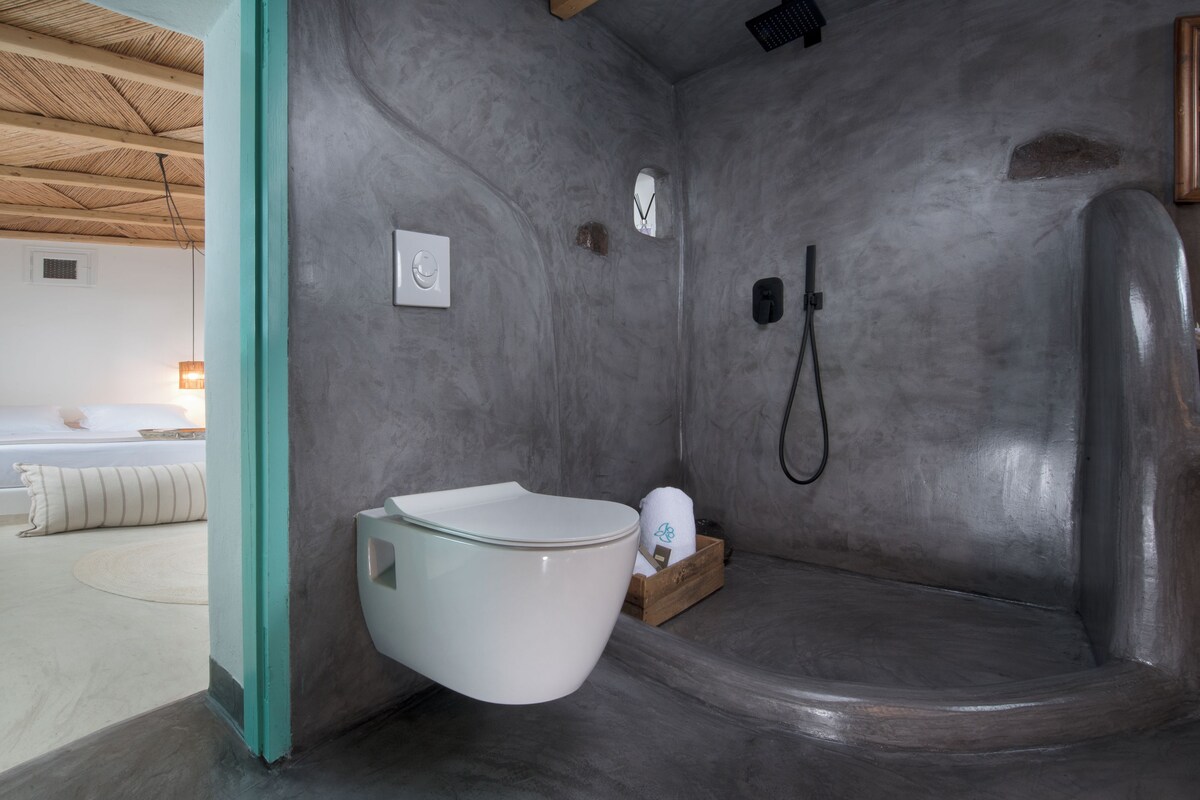 A modern bathroom with a shower, toilet, and a bed in the adjacent room.