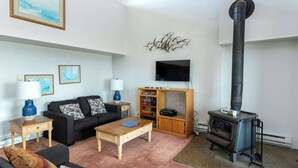 Een woonkamer met een bank, salontafel, televisie, boekenkast en een houtkachel.