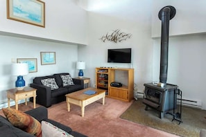 A living room with a sofa, coffee table, TV, bookshelf, and a wood-burning stove.