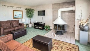 Ein Wohnzimmer mit Sofa, Couchtisch, Kamin, Fernseher und einer Pflanze.