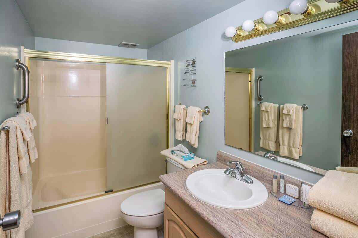 A bathroom with a shower, toilet, sink, and a large mirror with lights above.