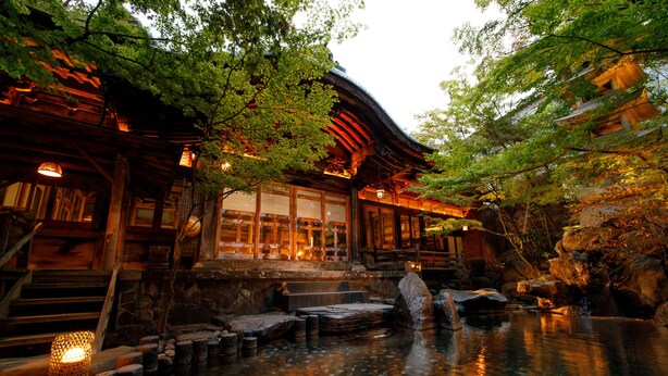 A traditional Japanese building with a stone pathway leading to a water feature. - Kamei no Yu (Yamanouchi)