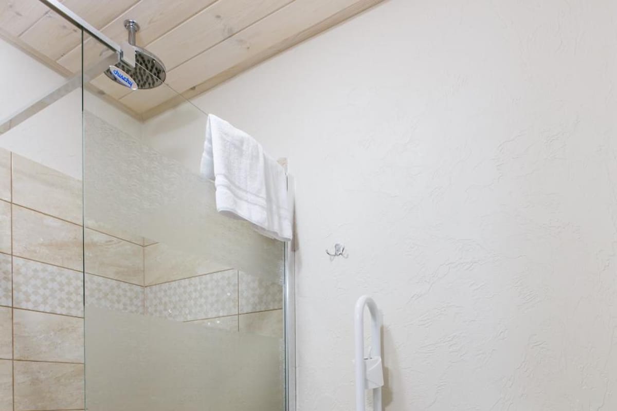 A bathroom with a glass-enclosed shower, a toilet, and a towel rack.