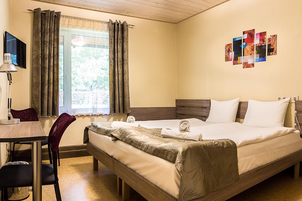 A hotel room with a bed, a desk, a chair, a TV, and a window with curtains.