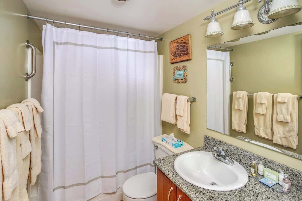 Shower, hair dryer, towels, shampoo
