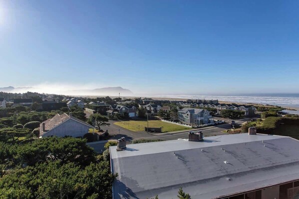 A residential area with houses, a flat-roofed building, and a view of the ocean.