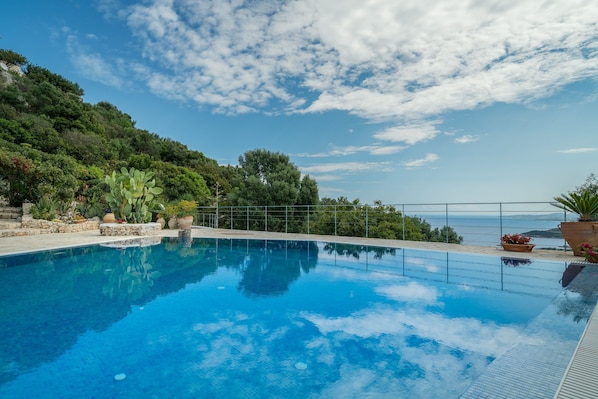 Outdoor pool, pool umbrellas, sun loungers