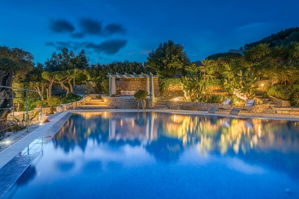 Outdoor pool, pool umbrellas, pool loungers