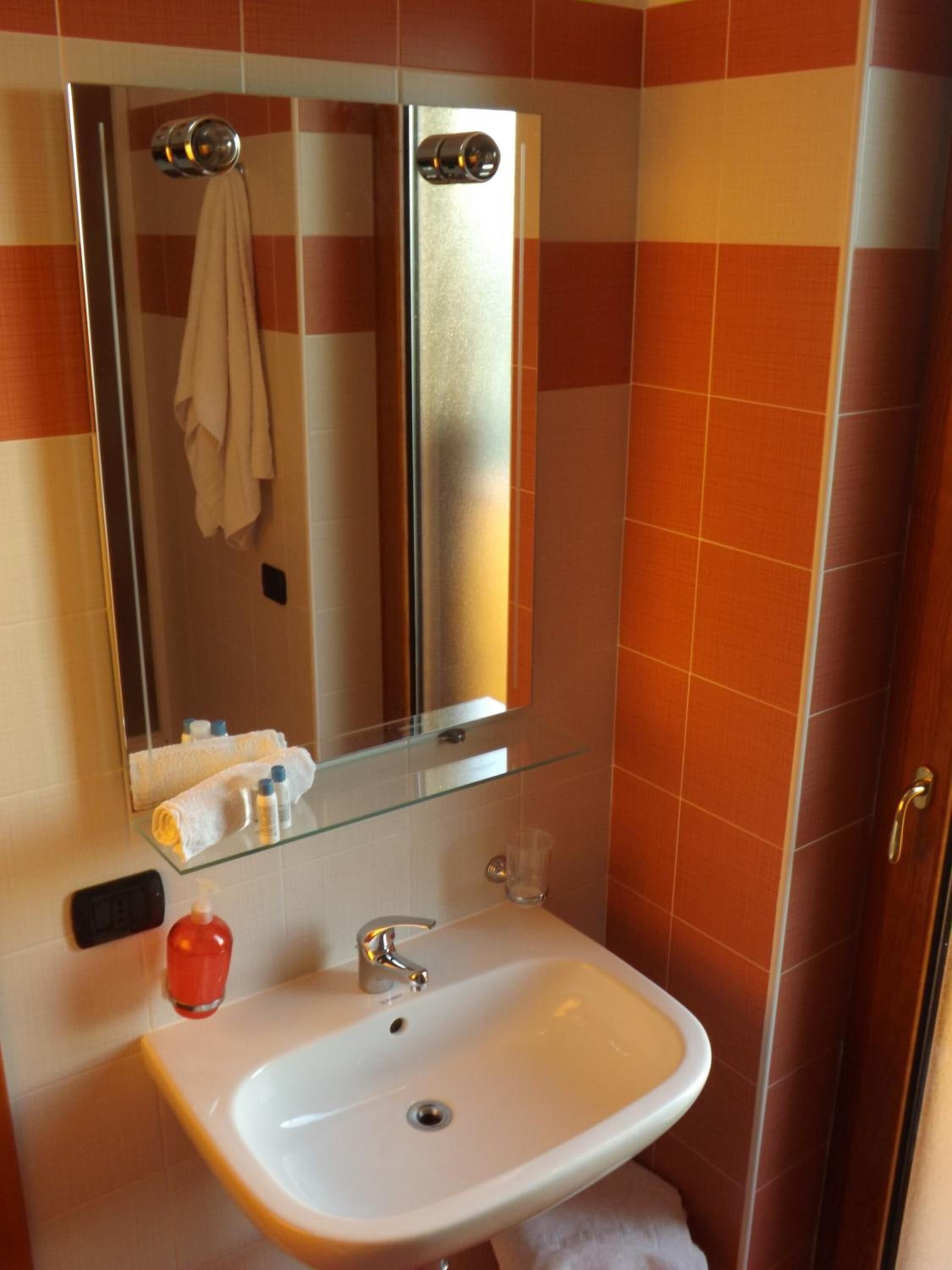 A bathroom with a white sink, a glass shelf with toiletries, and a mirror above the sink.