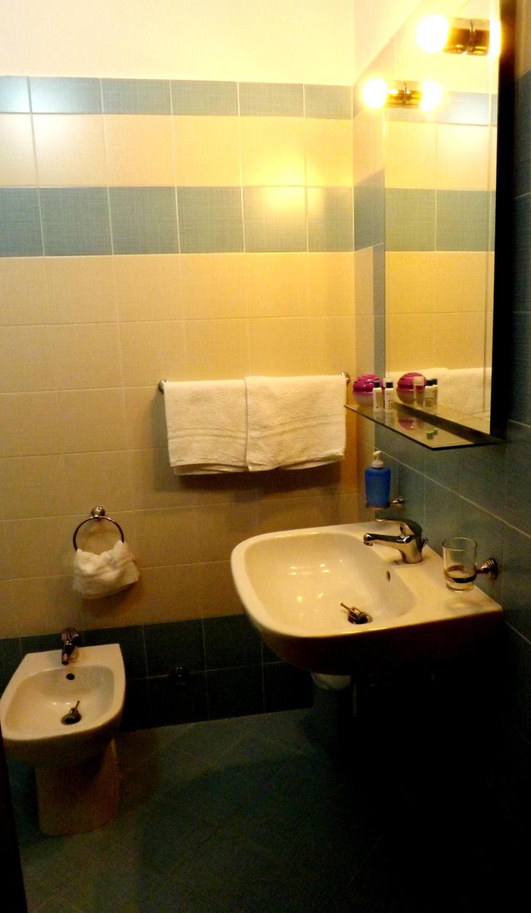 Een badkamer met een wastafel, toiletbril en een handdoekhouder.