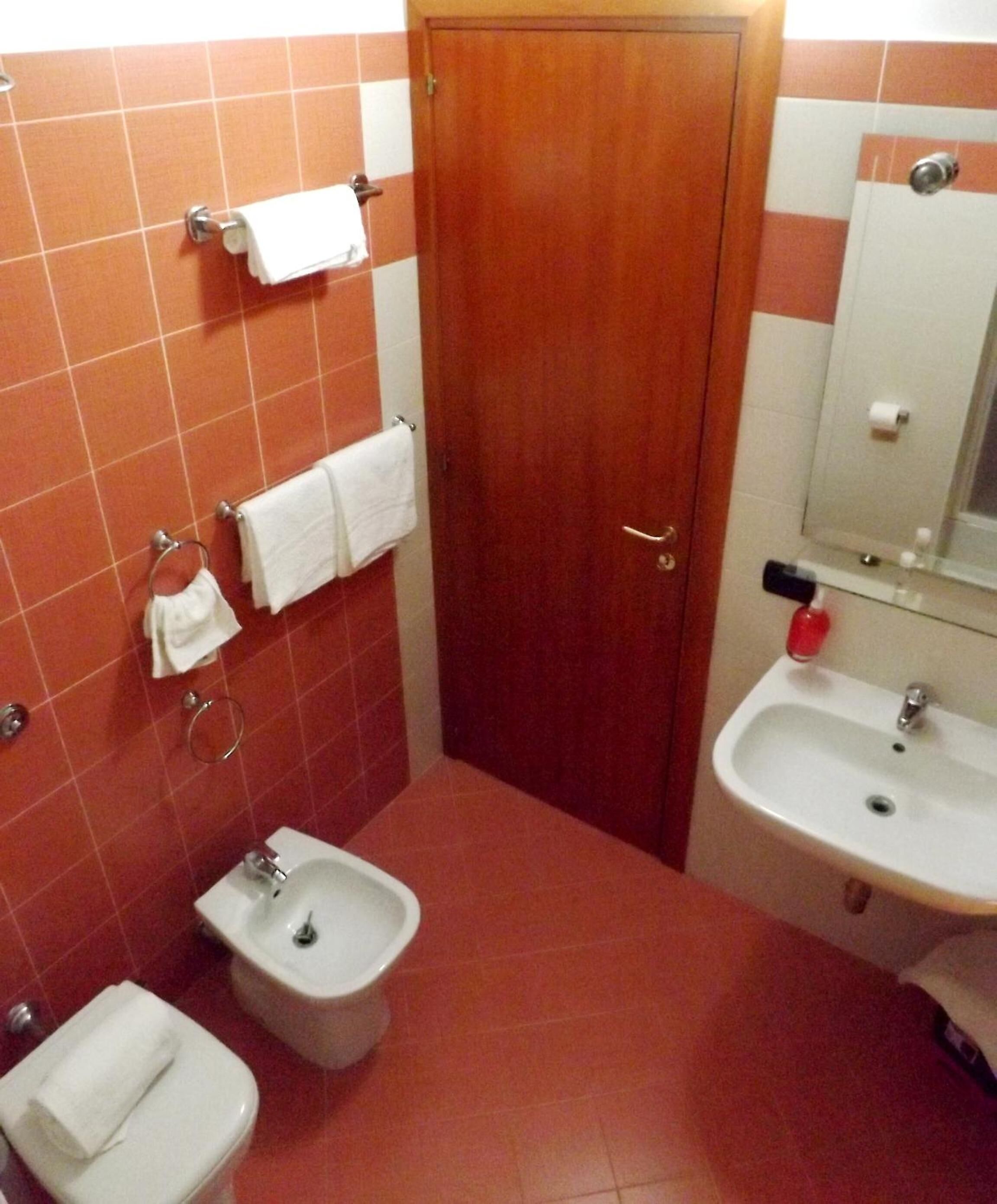 A compact bathroom with a toilet, bidet, and sink, featuring tiled walls and a wooden door.