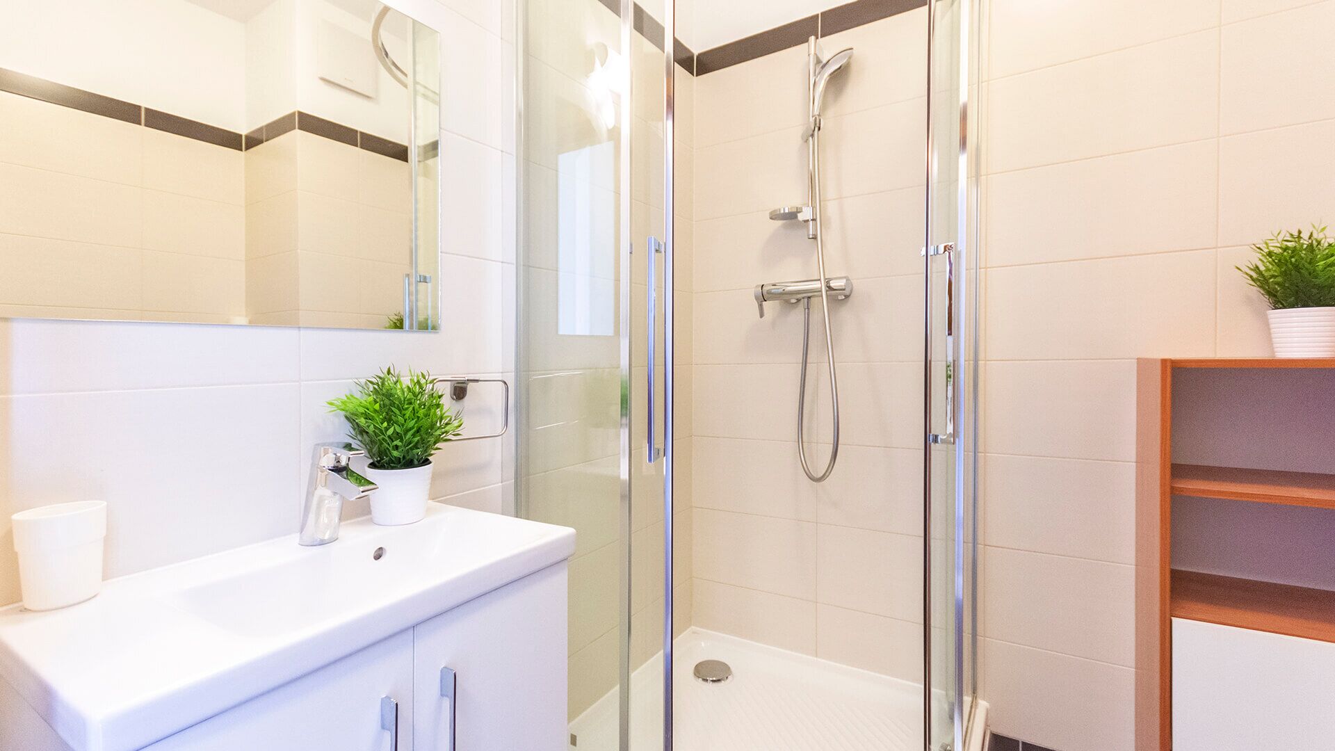 Ein modernes Badezimmer mit einer gläsernen Dusche, einem weißen Waschbecken und einem kleinen Topfpflanzen.
