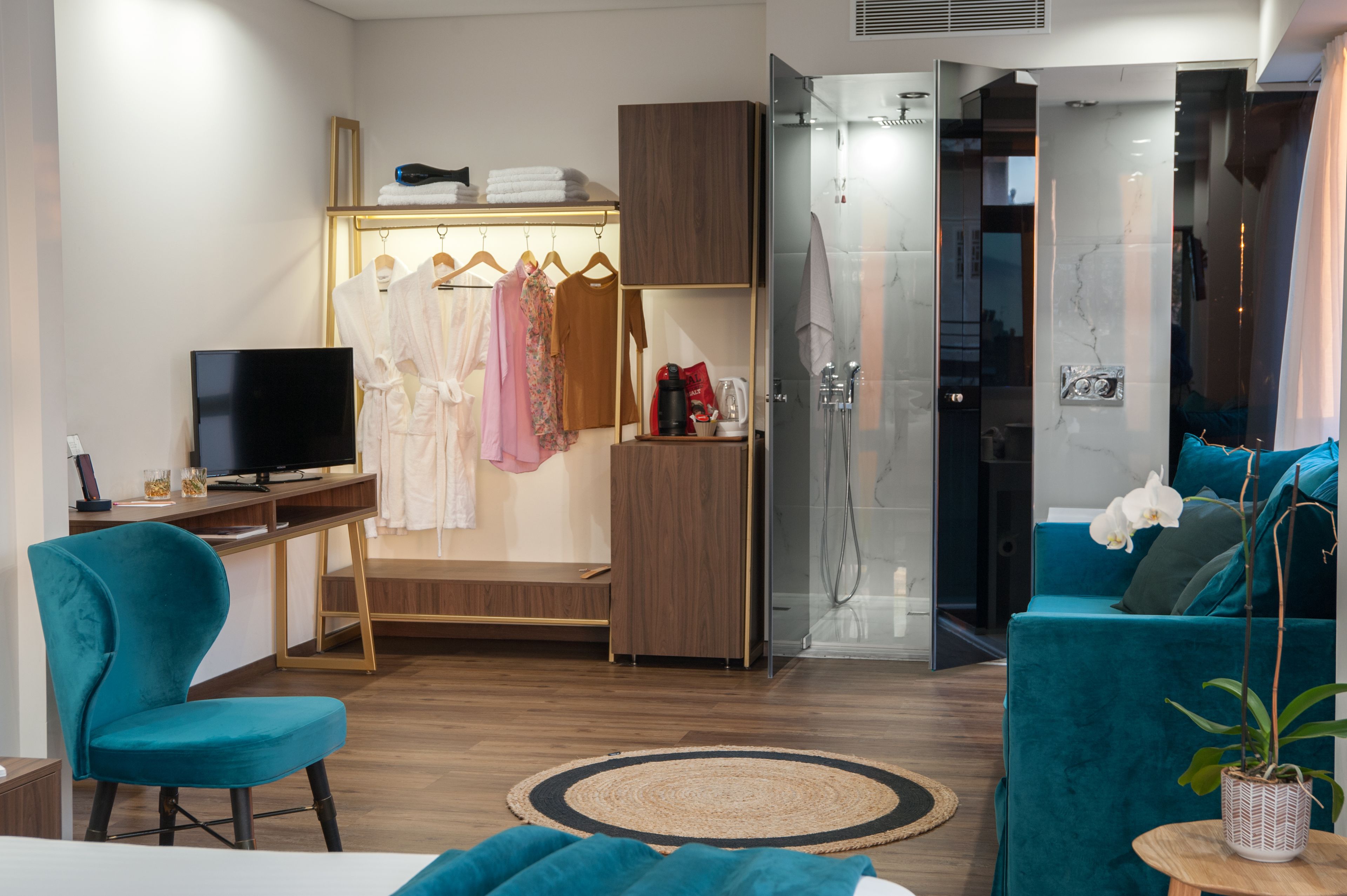 A modern hotel room with a TV, a desk, a wardrobe, a shower area, and a teal sofa.