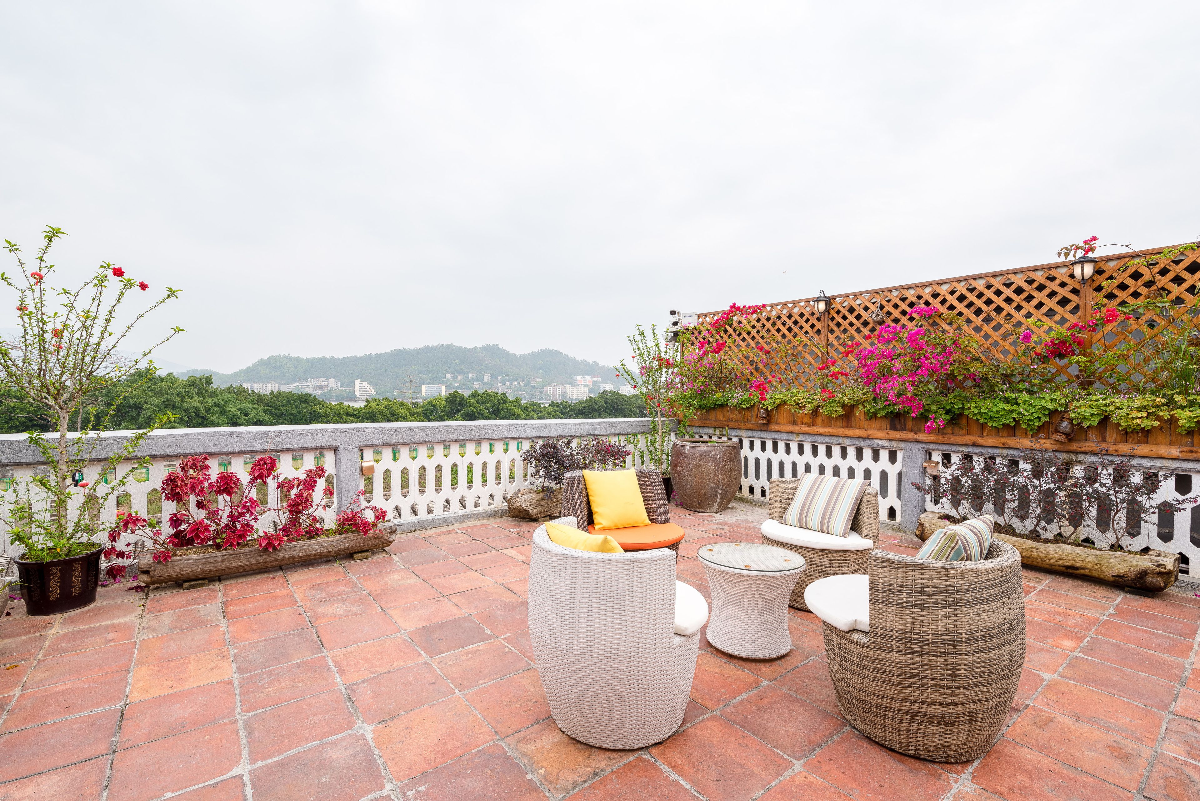 Una terraza en la azotea con muebles de mimbre, plantas en macetas y vistas a edificios lejanos.