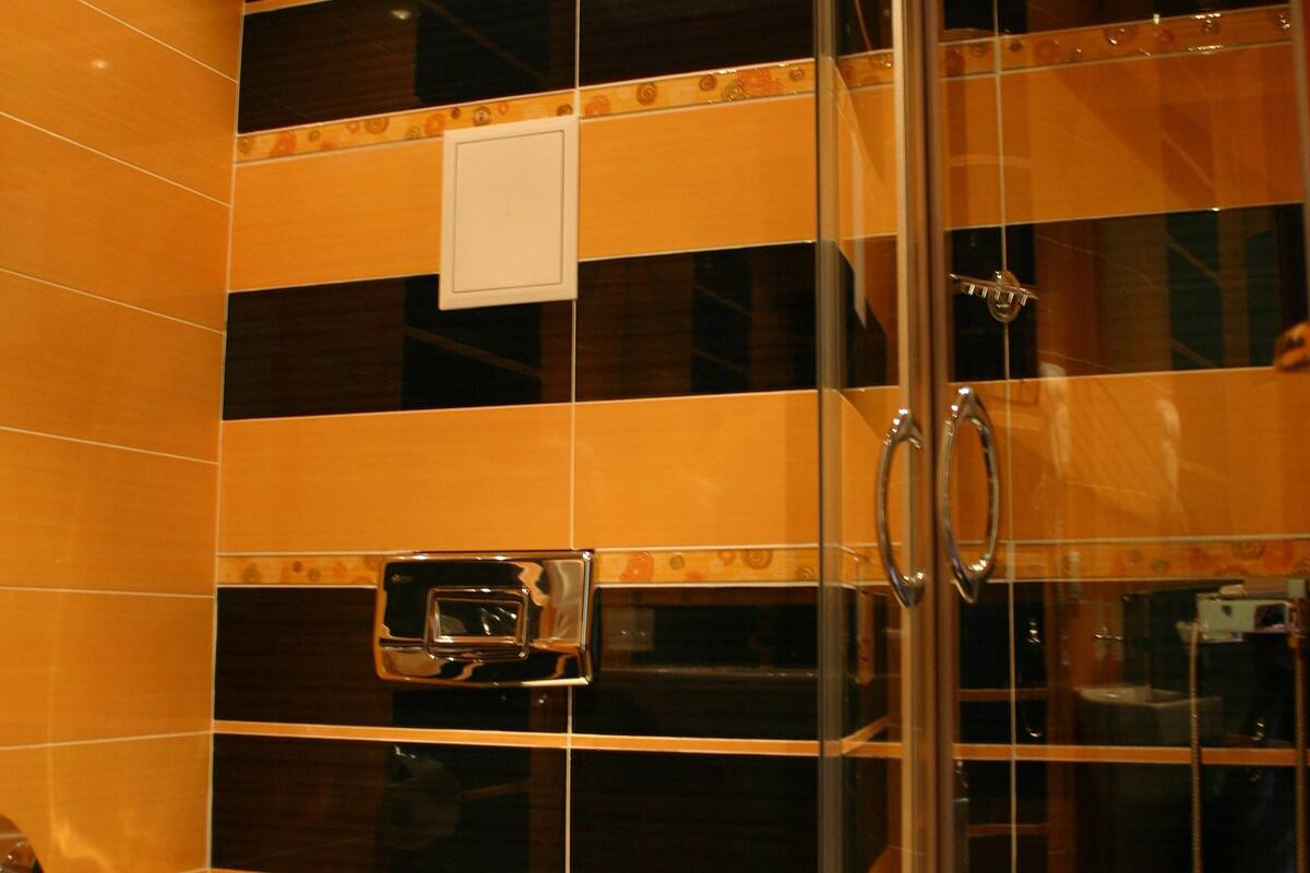 A bathroom with a glass-enclosed shower, a toilet, and a towel rack.