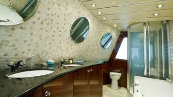 Yacht | Bathroom | Shower, hair dryer, slippers, towels