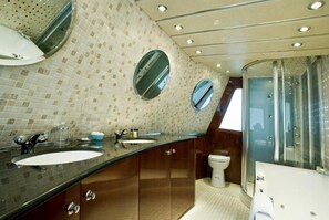 Yacht | Bathroom | Shower, hair dryer, slippers, towels
