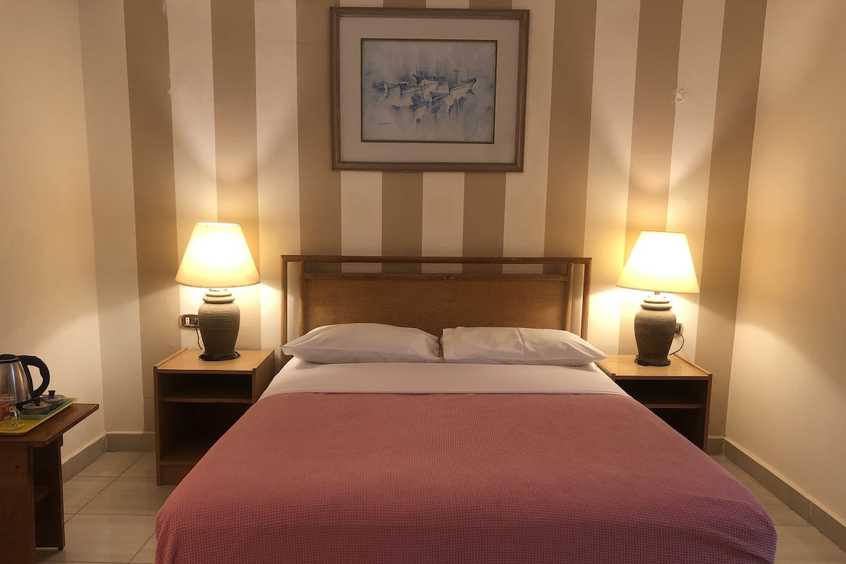 A neatly made bed with a pink blanket, two bedside lamps, and a framed artwork on the wall.