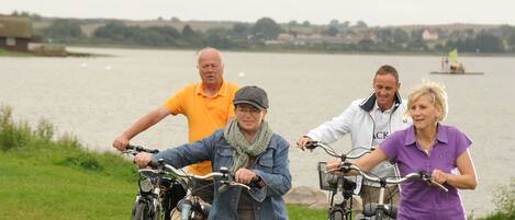 Four people with bicycles near a lake, with a boat in the background.