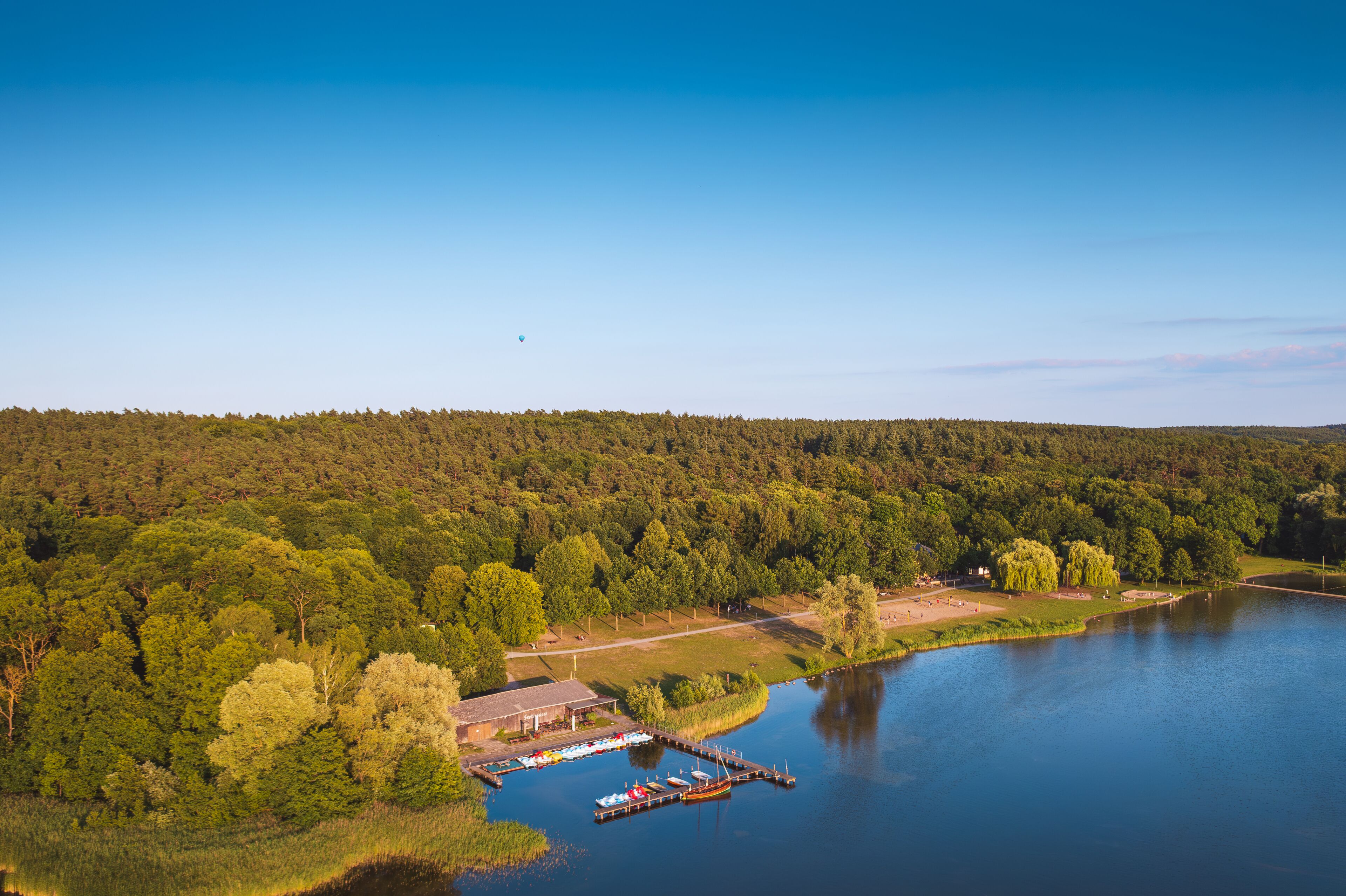 An aerial view of a lakeside area with a dock, boats, and a forested hill.