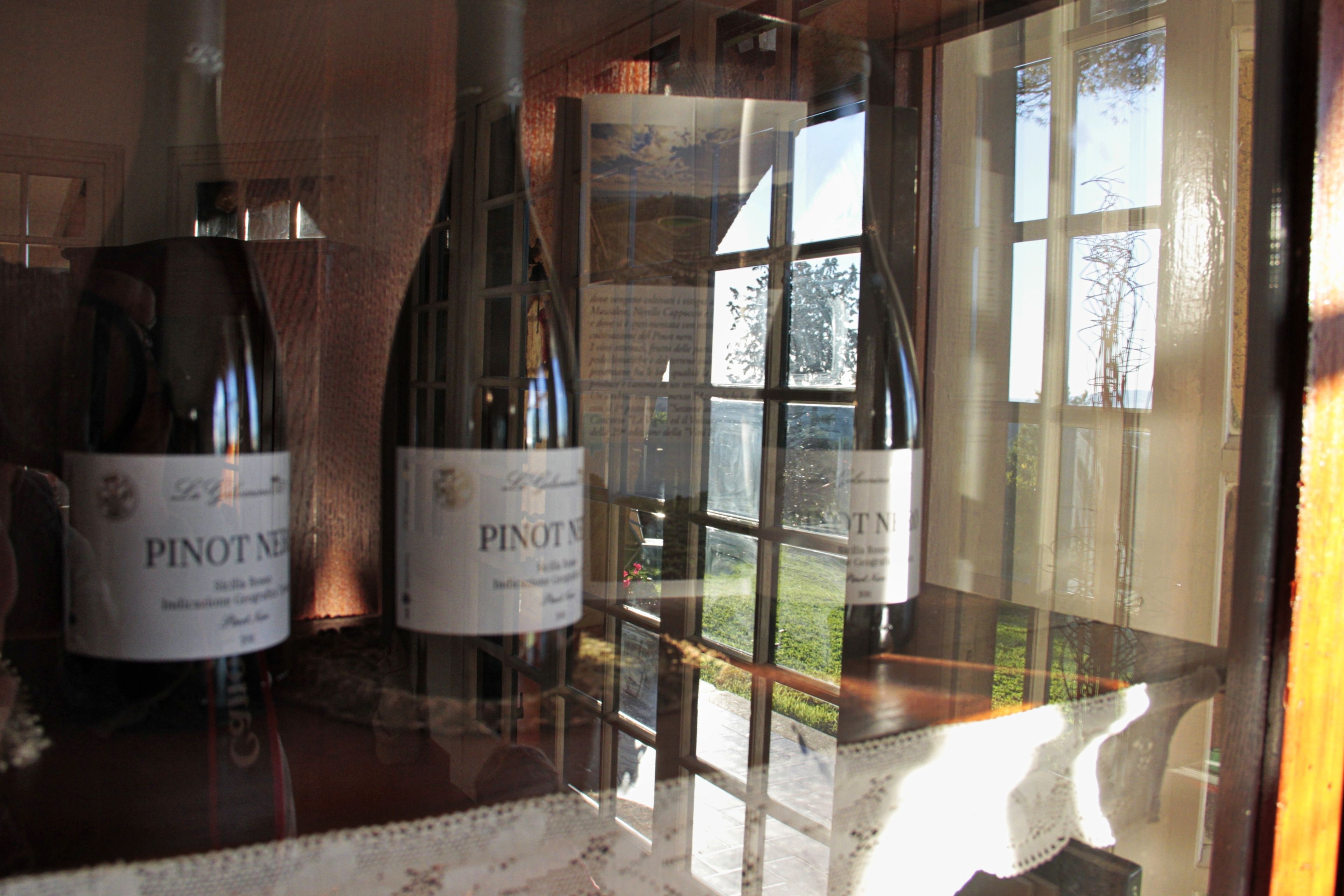 Bottles of Pinot Noir wine in a glass display case with a view of a garden outside.