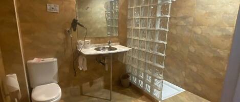 A bathroom with a toilet, sink, and glass shower enclosure.
