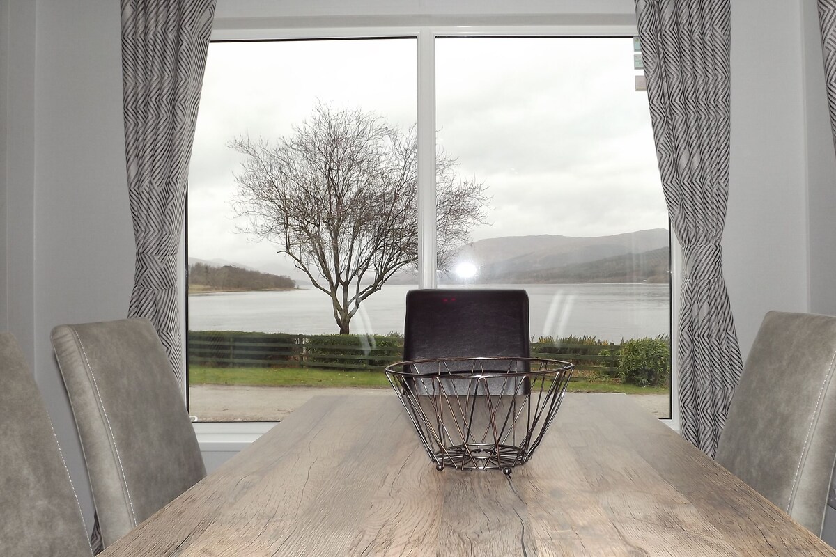 A dining area with a table and chairs, a metal chair with a black seat, and a view of a lake and tree through large windows.