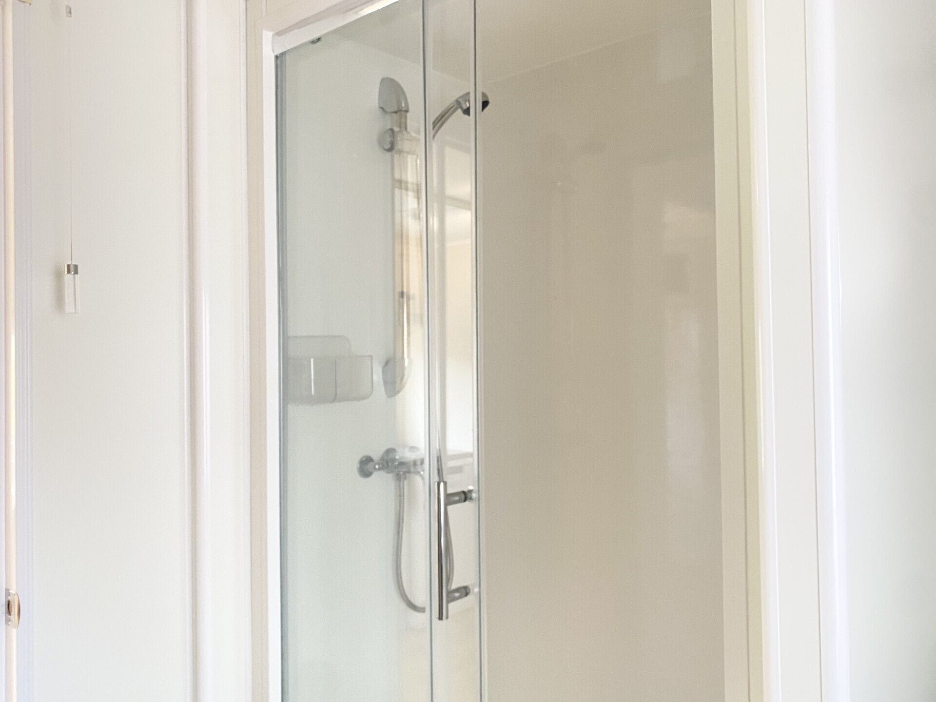 A glass-enclosed shower with a handheld showerhead and a handheld faucet.