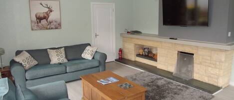 A living room with a sofa, a coffee table, a fireplace, and a television.