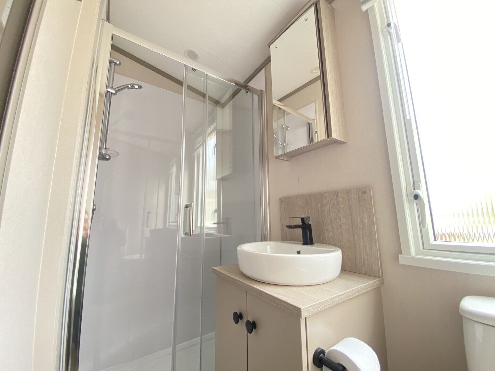 A modern bathroom with a glass shower enclosure, a white sink, and a toilet.