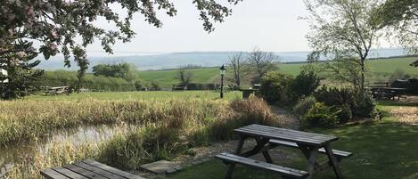 A picnic area with wooden benches and tables, surrounded by a pond and greenery, with a view of distant hills.