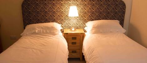 Habitación doble con dos camas individuales, una mesita de noche con lámpara y un cabecero estampado.