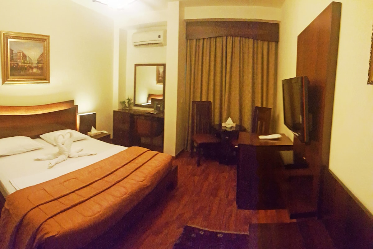 Una habitación de hotel con una cama, un escritorio, una silla, un televisor y un cuadro en la pared.
