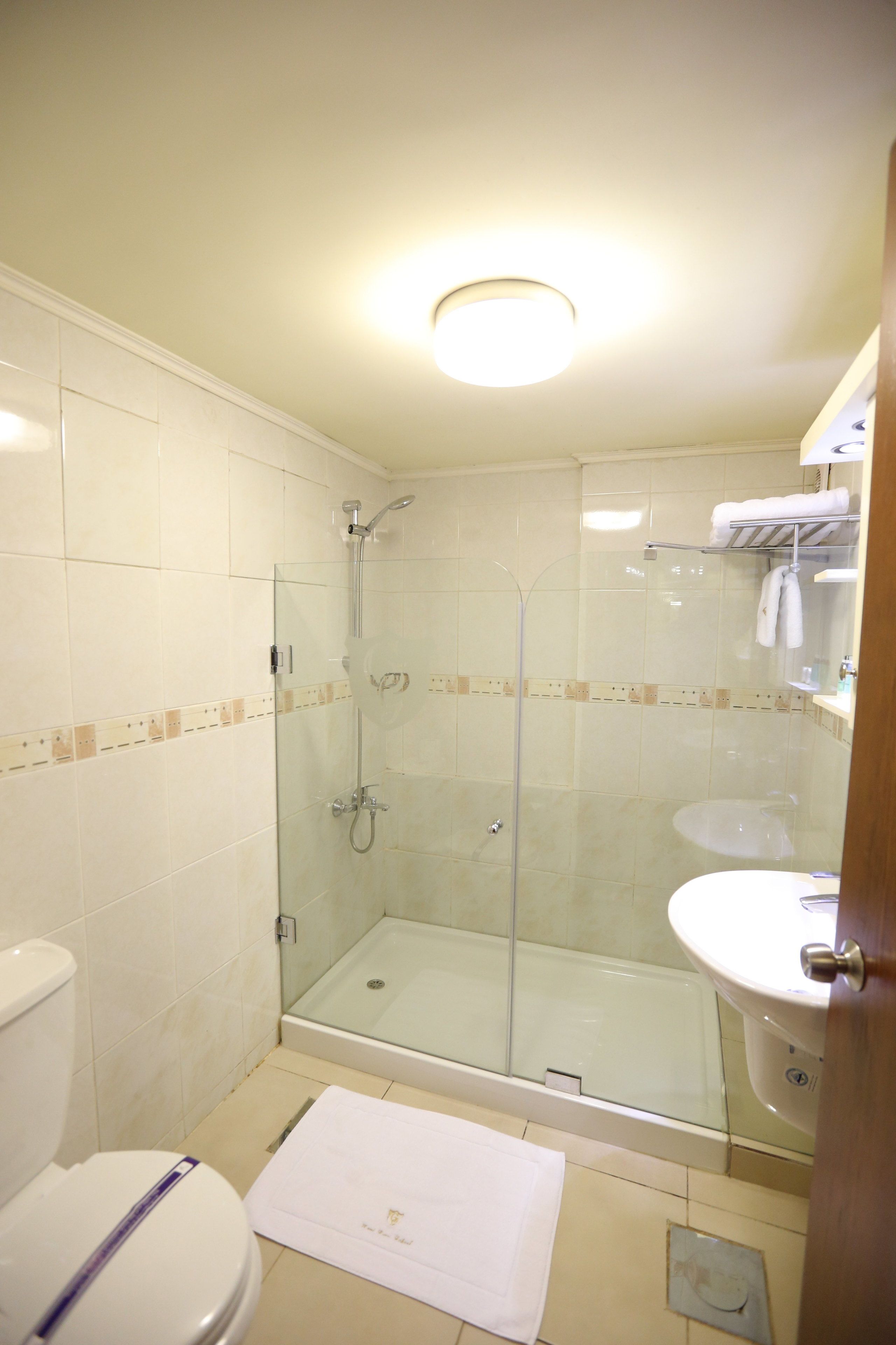 Een badkamer met een glazen douchecabine, een wit toilet en een wastafel.