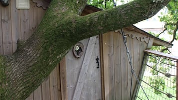 A wooden deck with a metal gate, a wooden door, and a metal lantern.